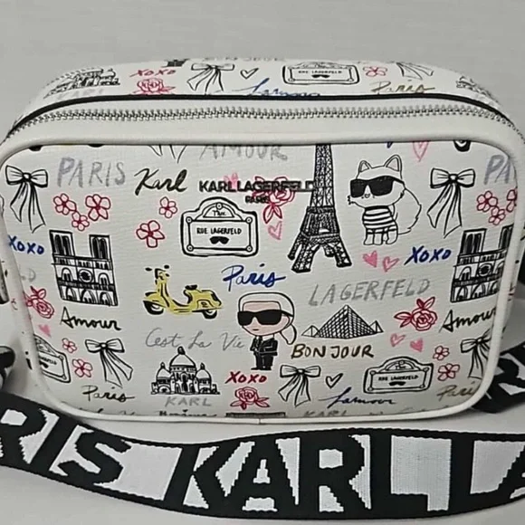 Karl Lagerfeld Paris Crossbody Bag Paris Print Cream Logo Strap Adjustable NWT - Picture 5 of 14
